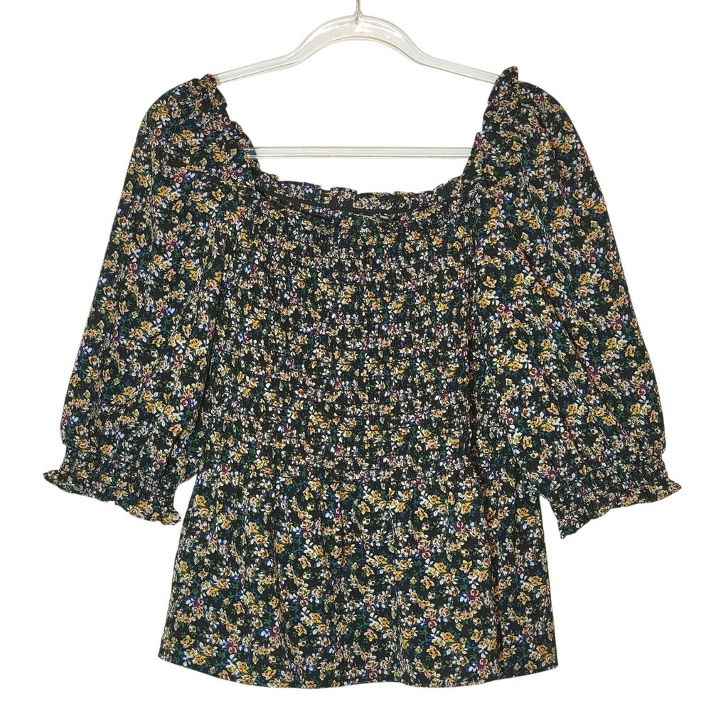 Max Studio Smocked Floral Peplum Top Blue Pink Yellow 3/4 L Boho Cottagecore